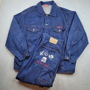 Platinum FUBU Denim Suit Mens 44x32 Blue Fat Albert Embroidered Jeans Jacket Set